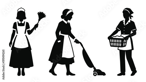 Maid vector silhouettes cleaning with various tools and equipment