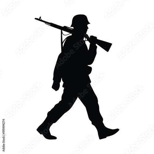Soldier walking with rifle on white background