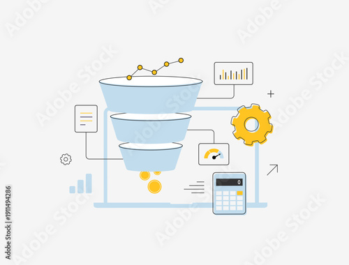 Marketing funnel analytics, sales conversion process with data filtering and business metrics, e-commerce digital optimization workflow and KPI charts, modern flat infographic vector illustration