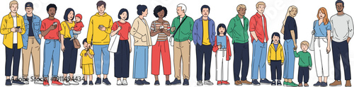 Diverse people group illustration, standing walking interacting casual clothing family children adults teenagers community inclusion social connection lifestyle vector design