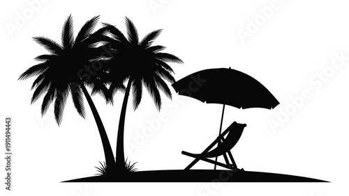 Silhouette of a person relaxing on a beach chair under an umbrella with palm trees Vector