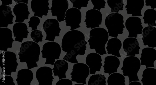A crowd of diverse human head silhouettes in profile view.