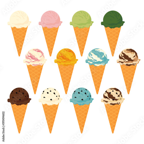 いろいろなフレーバーのアイスクリームのベクターイラストセット