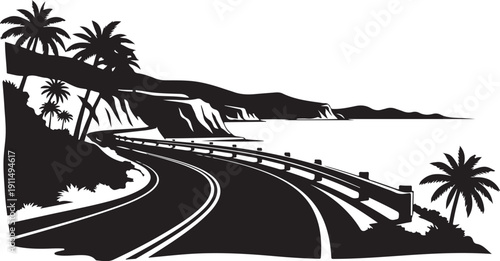 Winding Road Along Cliffside with Palm Trees and Ocean