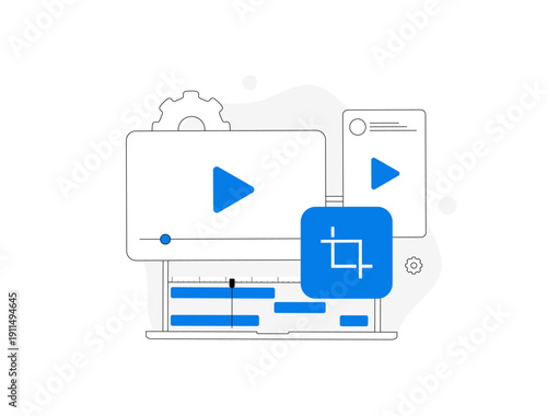Video editing software interface, media player with timeline and vertical video cropping tool, digital content creation workflow for social media and marketing, modern flat UI vector illustration