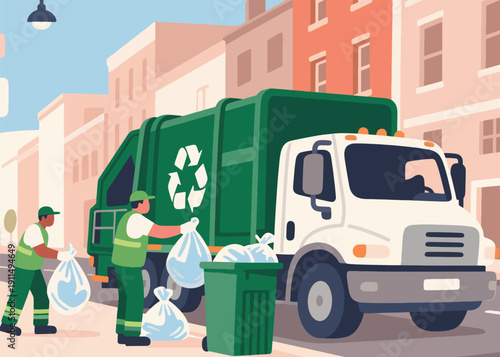 Two Garbage Collectors Are Cleaning Up the City Environment Illustrator Artwork Creative Design Template 