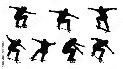 Silhouettes of skateboarders performing various tricks and stunts Vector