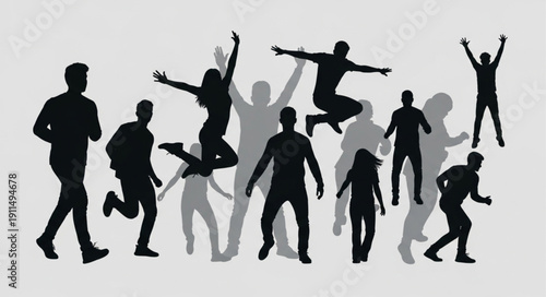 Group Of People Silhouettes Jumping And Running In Joyful Motion.