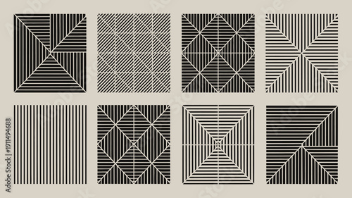 A grid of nine abstract optical illusions featuring varying patterns of black and white lines creating dynamic visual effects high quality professional detailed modern elegant stylish
