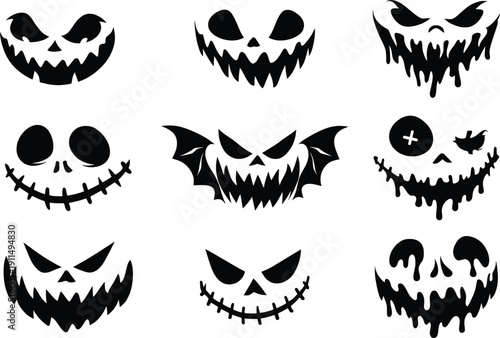 Creepy Halloween Pumpkin Faces Silhouette Vector Set.