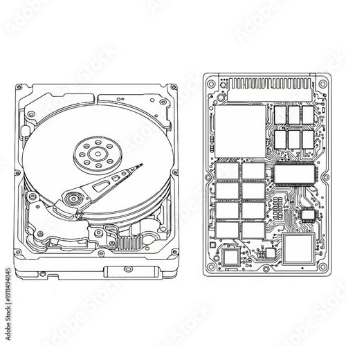 Hard drive and SSD vector illustration, black and white outline, showing internal platters and chip layouts.