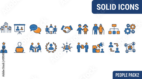 Solid people icons set, teamwork communication leadership organization collaboration family support community business professional success vector illustration design