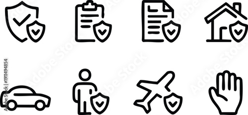 Modern Line Art Icons for Insurance and Asset Protection, Minimalist Vector Set: Security Shields and Coverage Symbols, vector, illustration, silhouette,