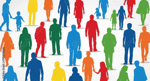 Diverse group of colorful people silhouettes standing together.