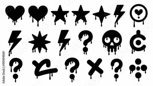 A collection of black dripping icons including hearts stars lightning bolts skulls and question marks are arranged in rows high quality professional detailed modern elegant stylish