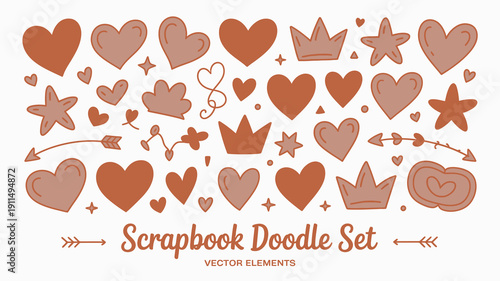 A colorful assortment of hand drawn hearts stars crowns and arrows create a playful scrapbook doodle set with vector elements high quality professional detailed modern elegant