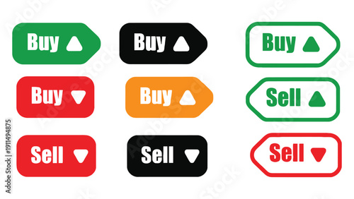 Stock market buy and sell buttons in various colors and shapes