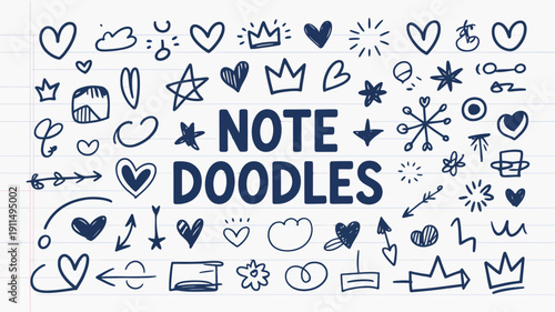 A colorful collection of hand drawn doodles including hearts stars crowns and other whimsical elements scattered across lined paper high quality professional detailed modern elegant stylish