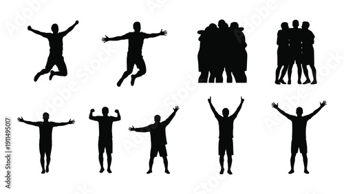 A collection of black silhouettes of people in various poses and group formations Vector