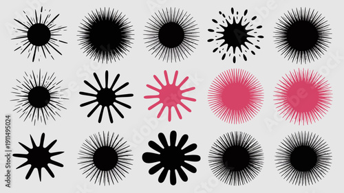 An arrangement of abstract radial designs featuring black starbursts pink circles and varied spiky elements on a light grey background high quality professional detailed modern elegant