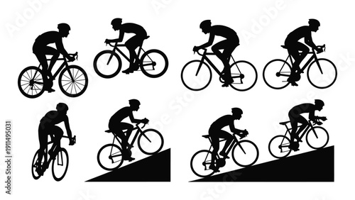 Group of cyclists racing on a track with varying terrains and obstacles Vector