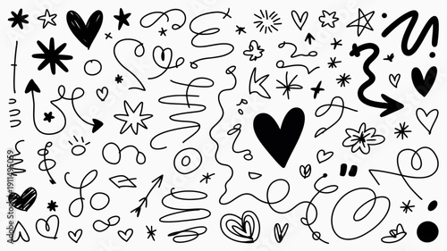 A playful arrangement of black hand drawn doodles featuring hearts stars arrows and abstract shapes against a white background high quality professional detailed modern elegant stylish