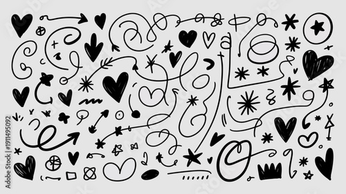A chaotic collection of hand drawn black doodles including hearts stars arrows and abstract swirls fills the entire frame high quality professional detailed modern elegant stylish