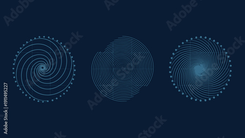 A dark blue background displays three distinct spiral patterns composed of connected dots and lines evoking mathematical and geometric concepts high quality professional detailed modern elegant