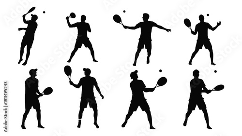 A collection of eight black silhouettes of tennis players in various poses and actions Vector