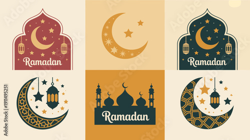 A collection of ramadan kareem themed illustrations featuring crescent moons stars lanterns and mosque silhouettes in warm colors high quality professional detailed modern elegant stylish clean