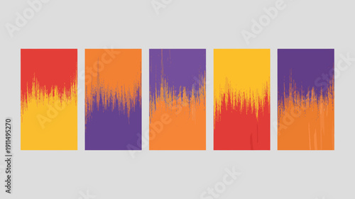 A vibrant multi panel artwork displays abstract vertical forms with blended color gradients transitioning between reds oranges yellows and purples high quality professional detailed modern elegant