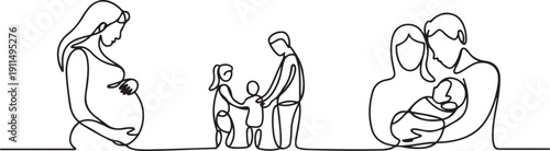 Pregnancy, family, childbirth, love, baby, son, daughter set one line art.one line icon illustration with white background