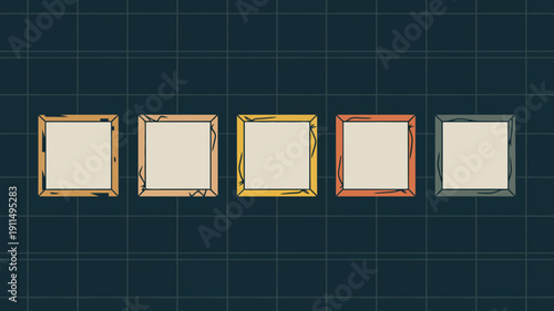 A row of five vintage style empty picture frames in varying colors sits against a dark teal grid background high quality professional detailed modern elegant stylish