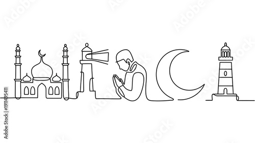 A continuous line drawing depicts iconic landmarks including mosques lighthouses and a crescent moon forming a cityscape silhouette high quality professional detailed modern elegant stylish clean