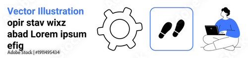 Technology, workflow, remote work, guidance, business processes, user interface. A gear, footprints and a seated person with a laptop. Technology and workflow concepts