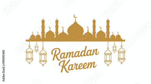 A golden silhouette of a mosque skyline and hanging lanterns illustrates a ramadan kareem greeting for the islamic holy month high quality professional detailed modern elegant