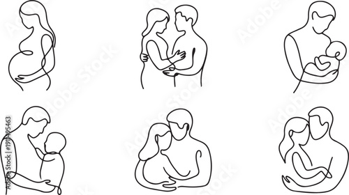 Pregnancy, family, childbirth, love, baby, son, daughter set one line art.one line icon illustration with white background