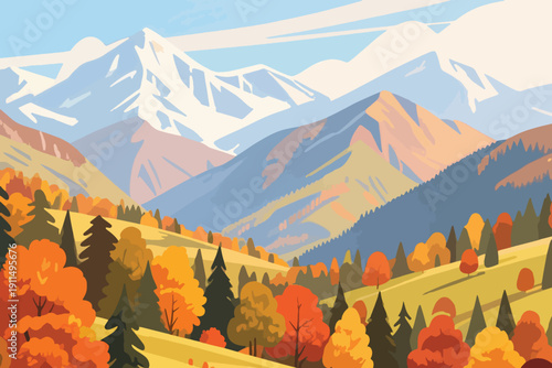 Autumn mountain landscape with snowy peaks, colorful forest, rolling hills, and partly cloudy sky in vibrant seasonal tones.