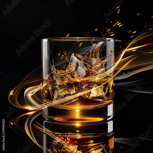 Whiskey reflected on the floor crossed by golden light painting, with a black background