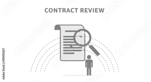 Contract review and analysis with magnifying glass on document