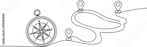 One line location. Hand drawn travel compass, journey route map and pin icon. Geography and tourism.one line icon illustration with white background