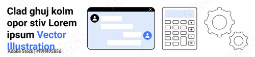 User interface design, communication tools, tech development, coding frameworks, online collaboration, process workflows. Chat window, calculator and gear icons showcased. Ideal for user interface