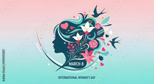 International Women's Day vector illustration with empowering female portrait and floral elements in pastel colors