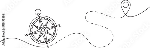 One line location. Hand drawn travel compass, journey route map and pin icon. Geography and tourism.one line icon illustration with white background