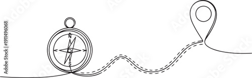 One line location. Hand drawn travel compass, journey route map and pin icon. Geography and tourism.one line icon illustration with white background