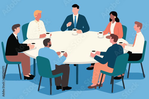 Business team of seven people in meeting around round table with coffee cups, casual professional discussion, modern flat design.