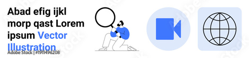 Research, media production, global communication, internet connectivity, content creation, data analysis. Man with magnifying glass, video icon globe. Research and media production
