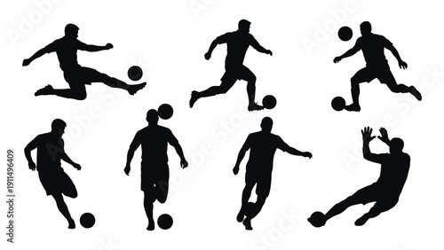 Silhouettes of soccer players in action with a soccer ball Vector