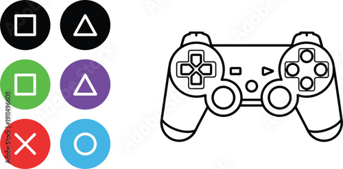 Modern Video Game Controller Illustration With Colorful Action Button Icons Set Black Line Art Vector Gamepad For UI