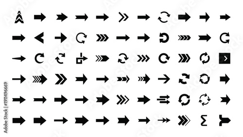 A collection of various arrow symbols and icons with different shapes and styles Vector